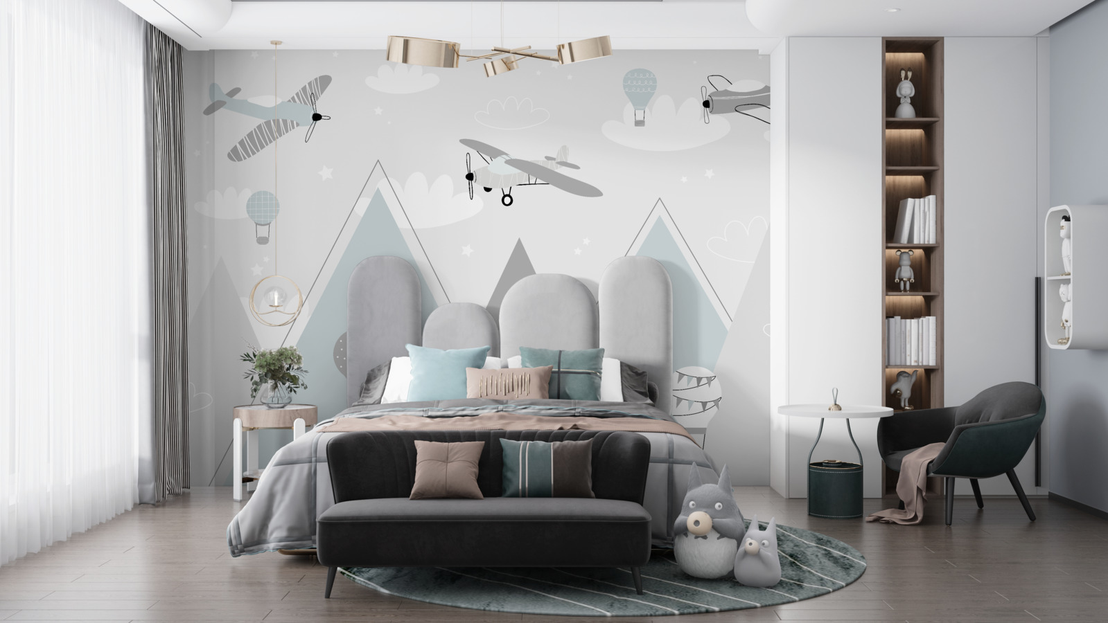 Papier peint des montgolfières et des avions survolant les sommets des montagnes