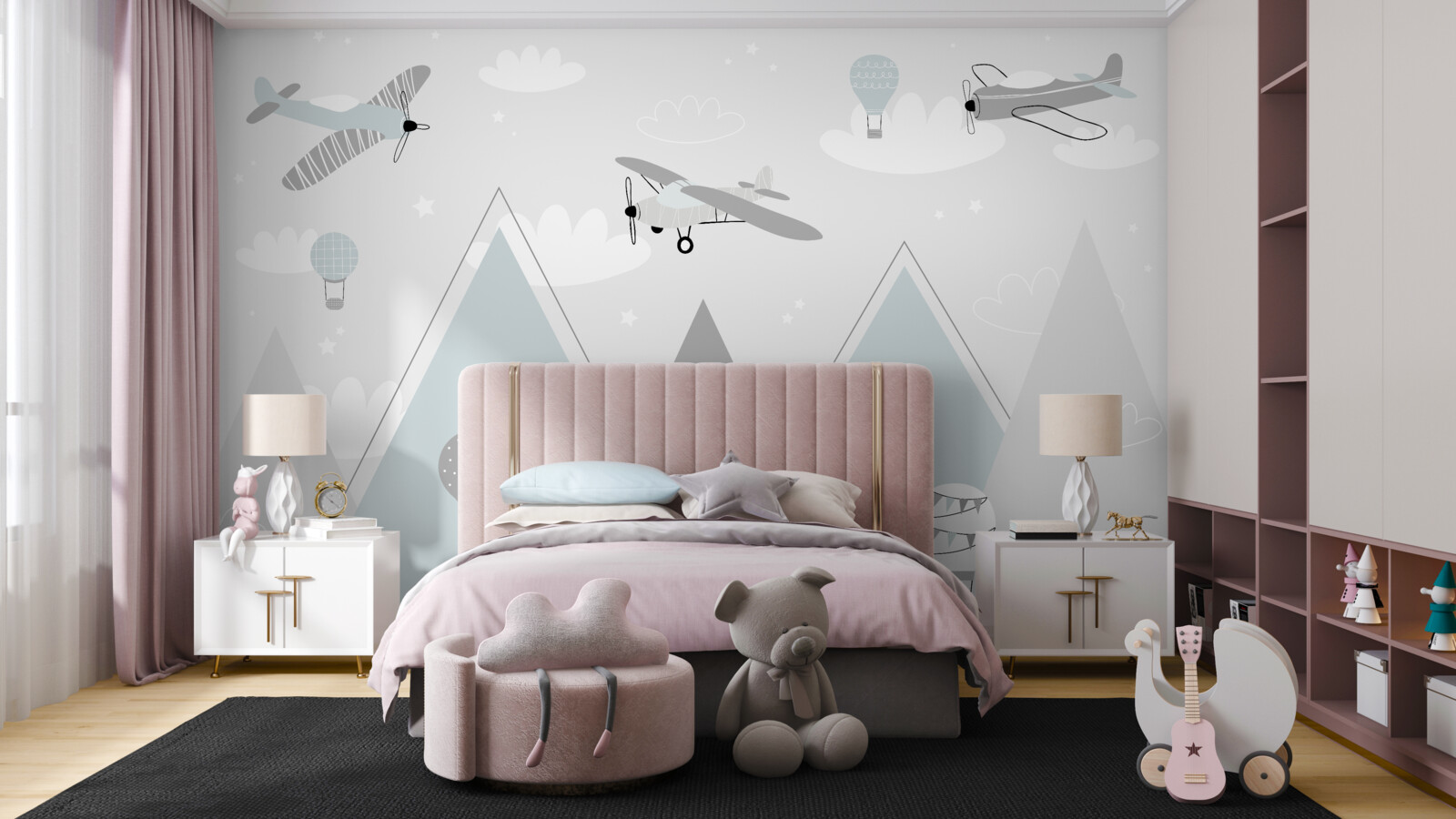 Papier peint des montgolfières et des avions survolant les sommets des montagnes