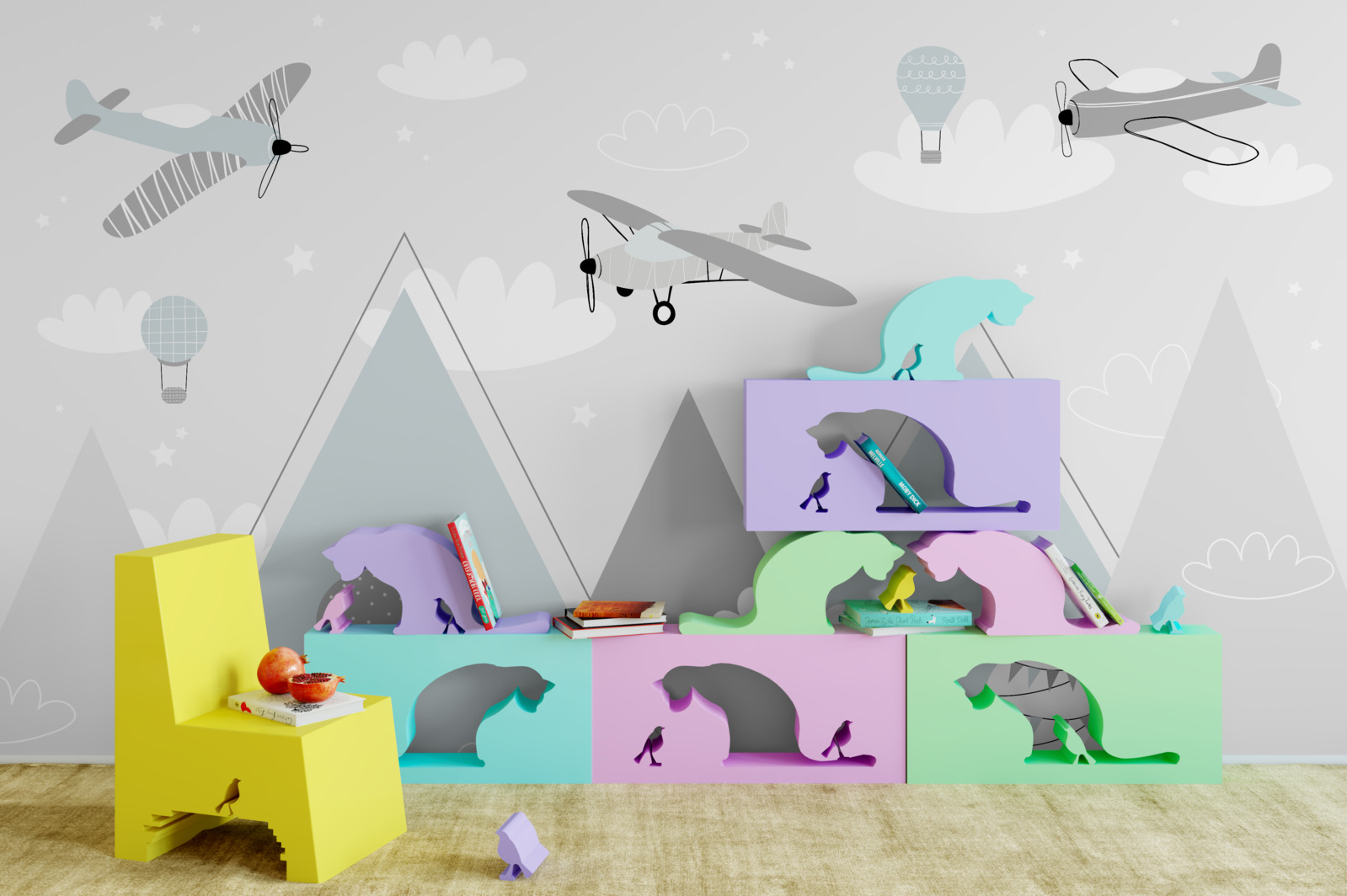 Papier peint des montgolfières et des avions survolant les sommets des montagnes