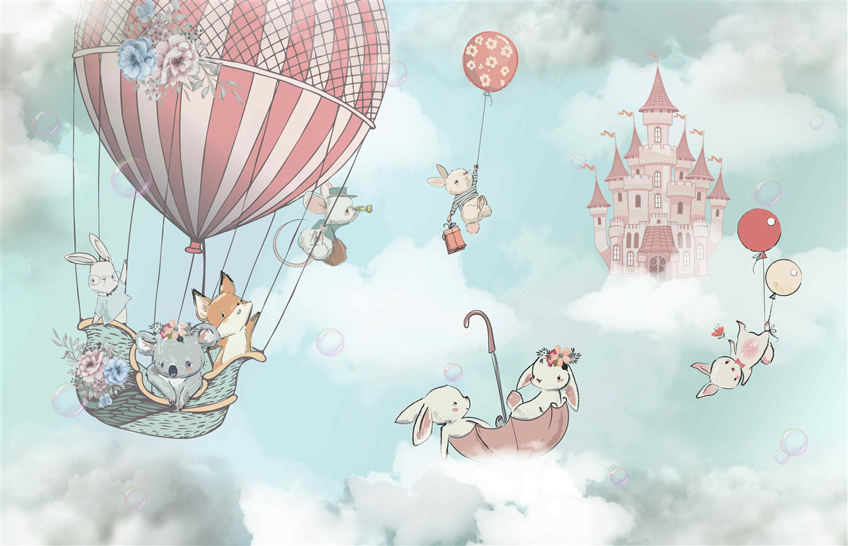 Papier peint à l'arrière-plan, un château, devant lequel volent des animaux