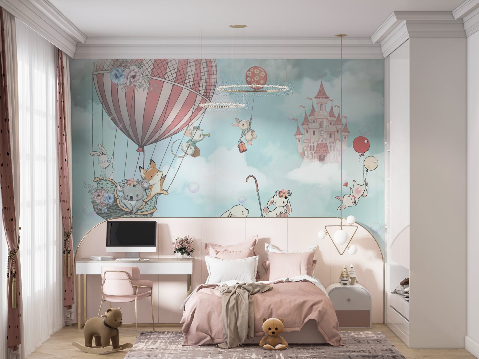 Papier peint à l'arrière-plan, un château, devant lequel volent des animaux