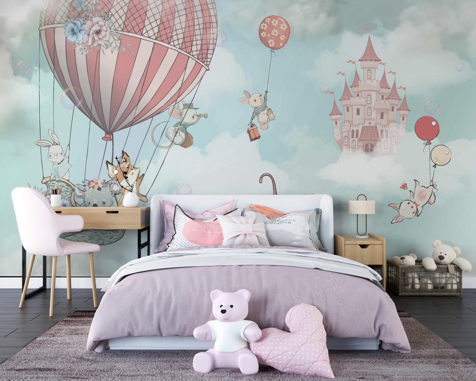 Papier peint à l'arrière-plan, un château, devant lequel volent des animaux