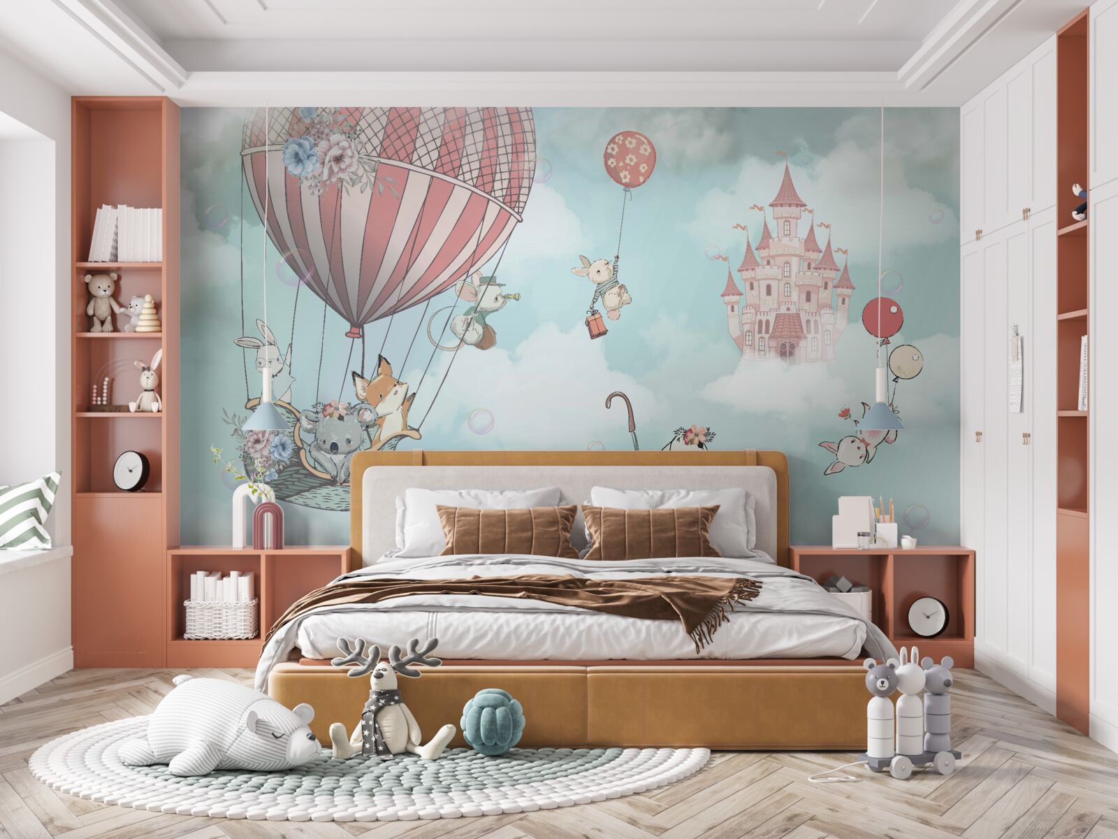 Papier peint à l'arrière-plan, un château, devant lequel volent des animaux