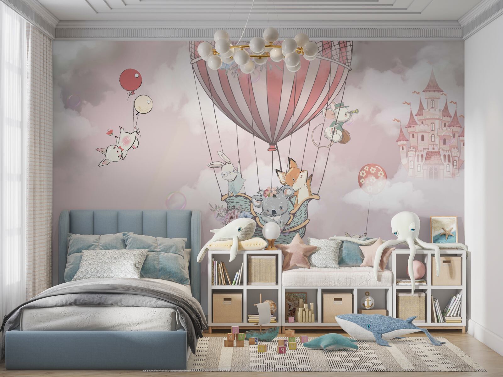 Papier peint animaux de contes de fées planant à l'arrière-plan du château