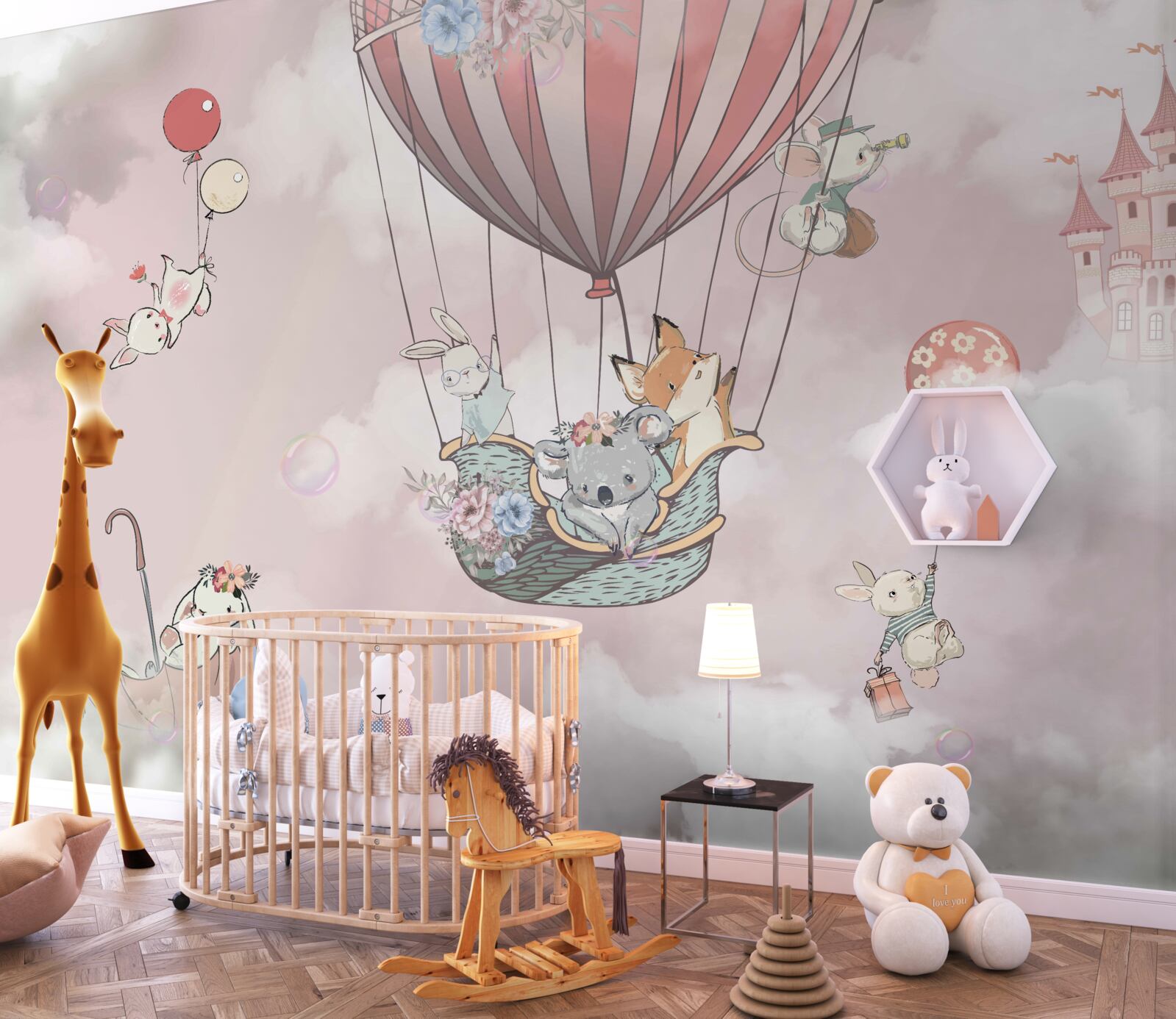 Papier peint animaux de contes de fées planant à l'arrière-plan du château