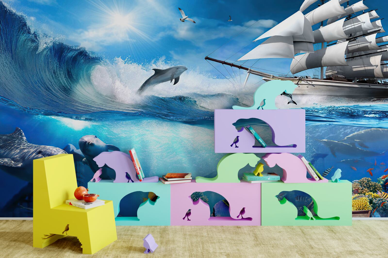 Papier peint le navire et l'univers aquatique qui l'entoure