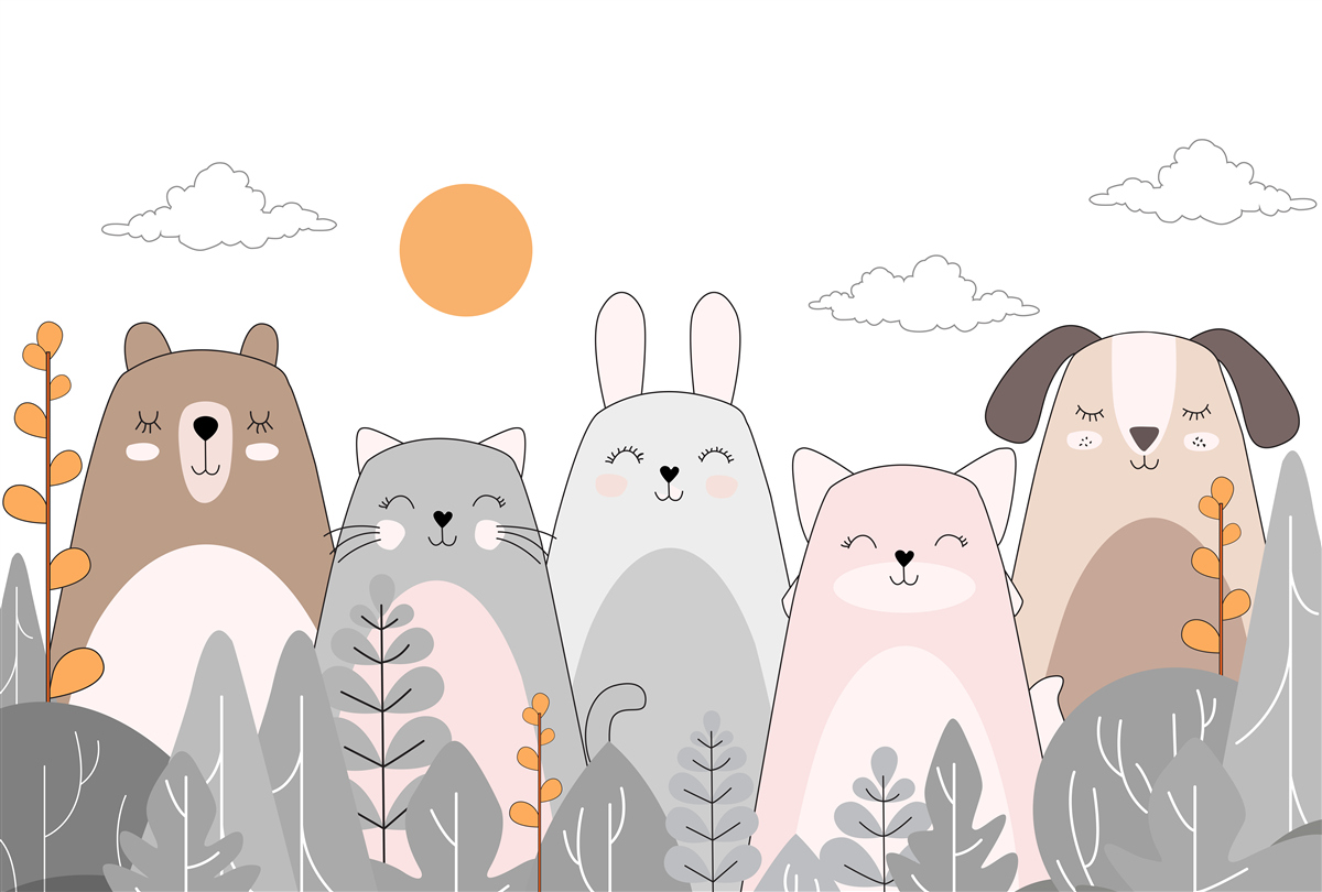 Papier peint cinq animaux au sourire joyeux