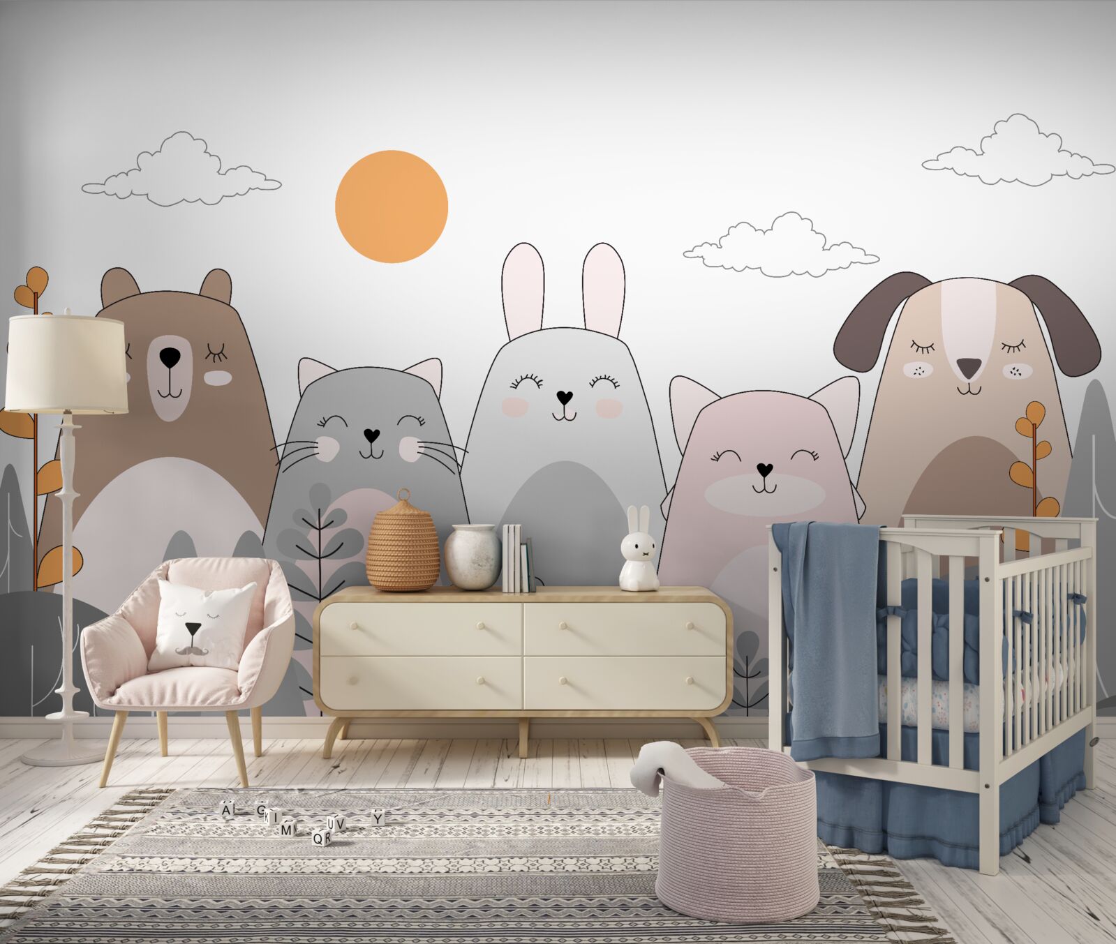 Papier peint cinq animaux au sourire joyeux