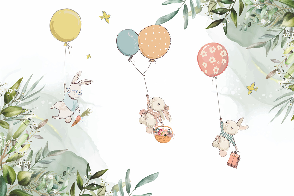 Papier peint lapins flottant sur des ballons