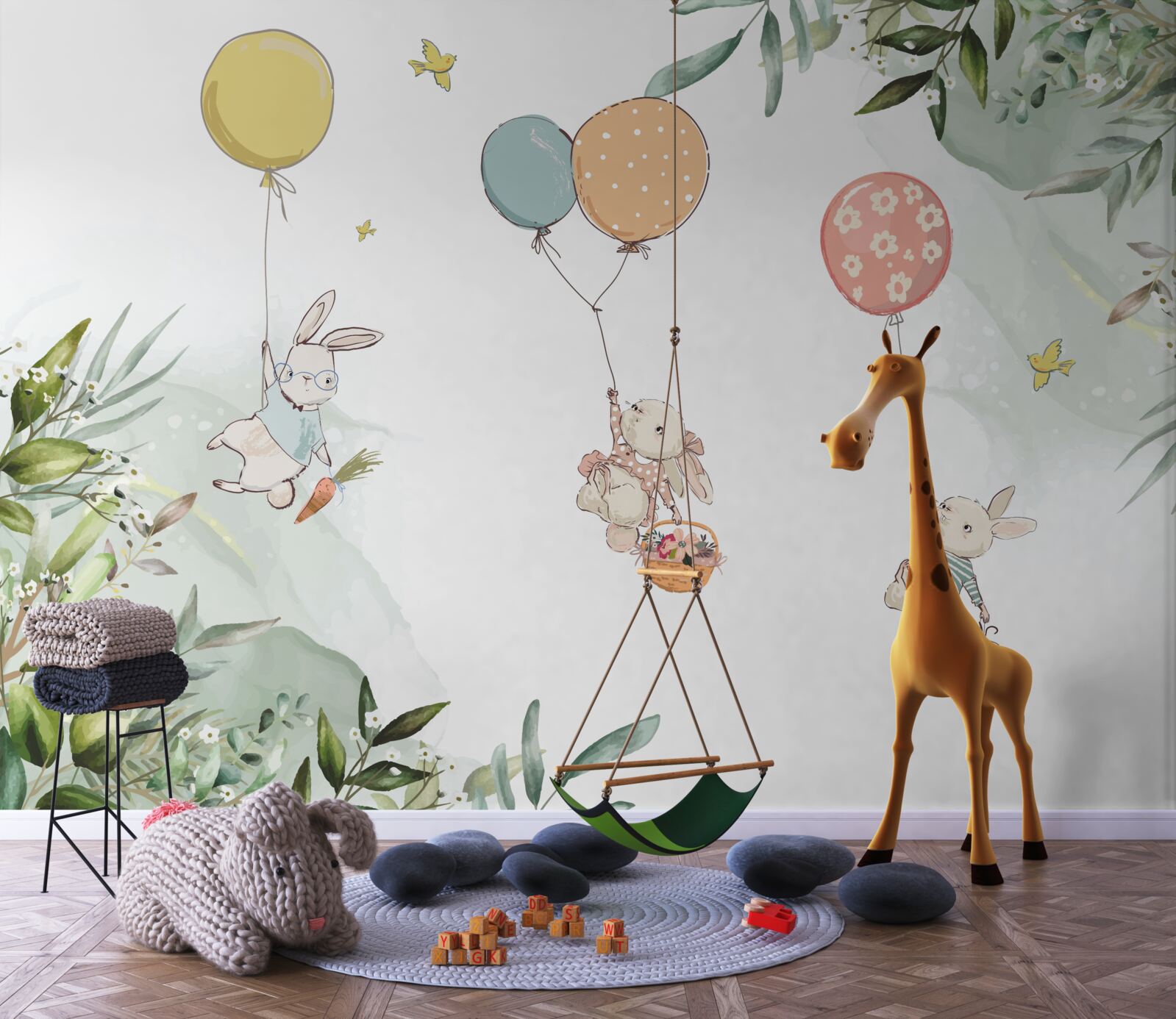 Papier peint lapins flottant sur des ballons