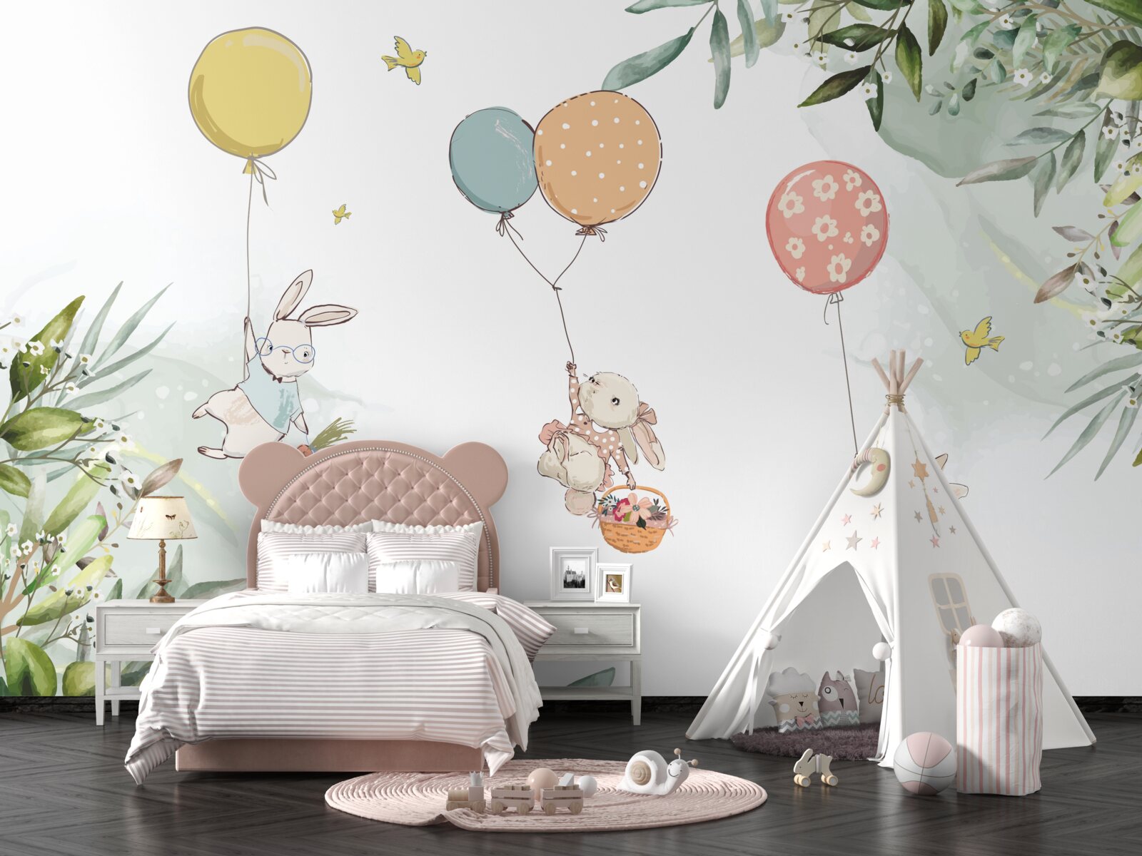 Papier peint lapins flottant sur des ballons