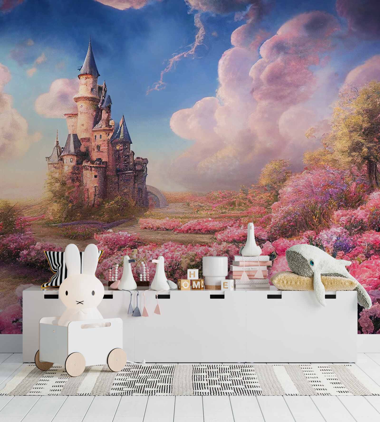 Papier peint village de miel avec des plantes sur fond de manoir magique