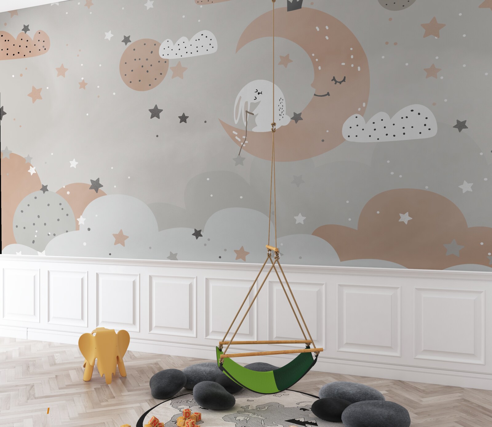 Papier peint le lapin blanc lunaire collectionne les étoiles