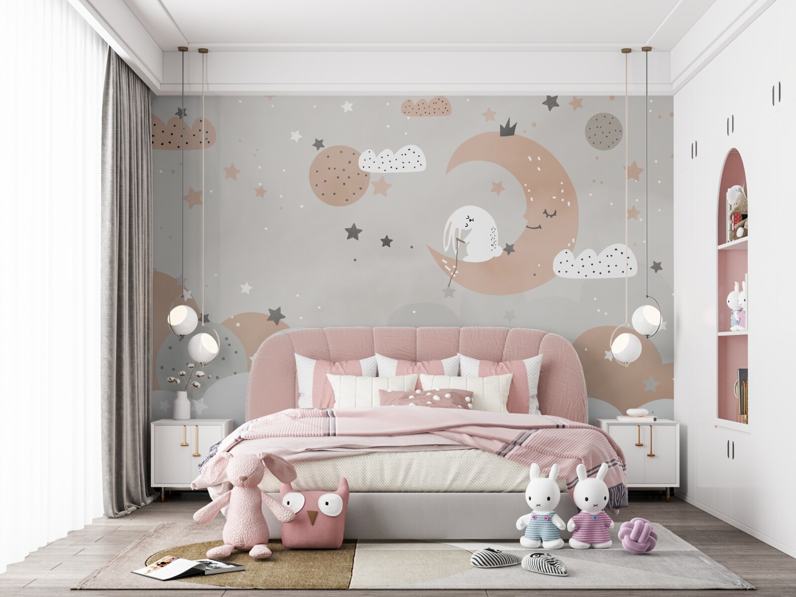 Papier peint le lapin blanc lunaire collectionne les étoiles