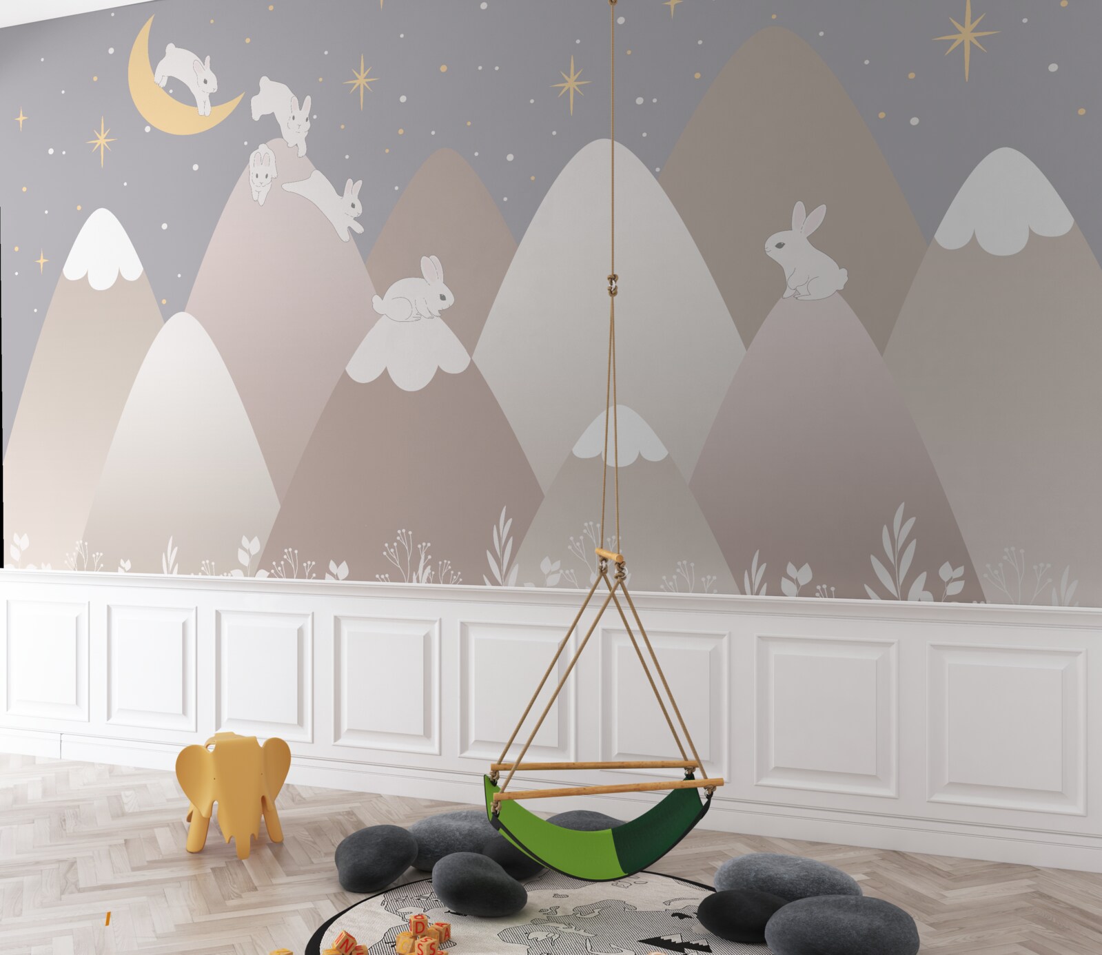 Papier peint les montagnes peintes sont le terrain de jeu de lapins blancs bondissants