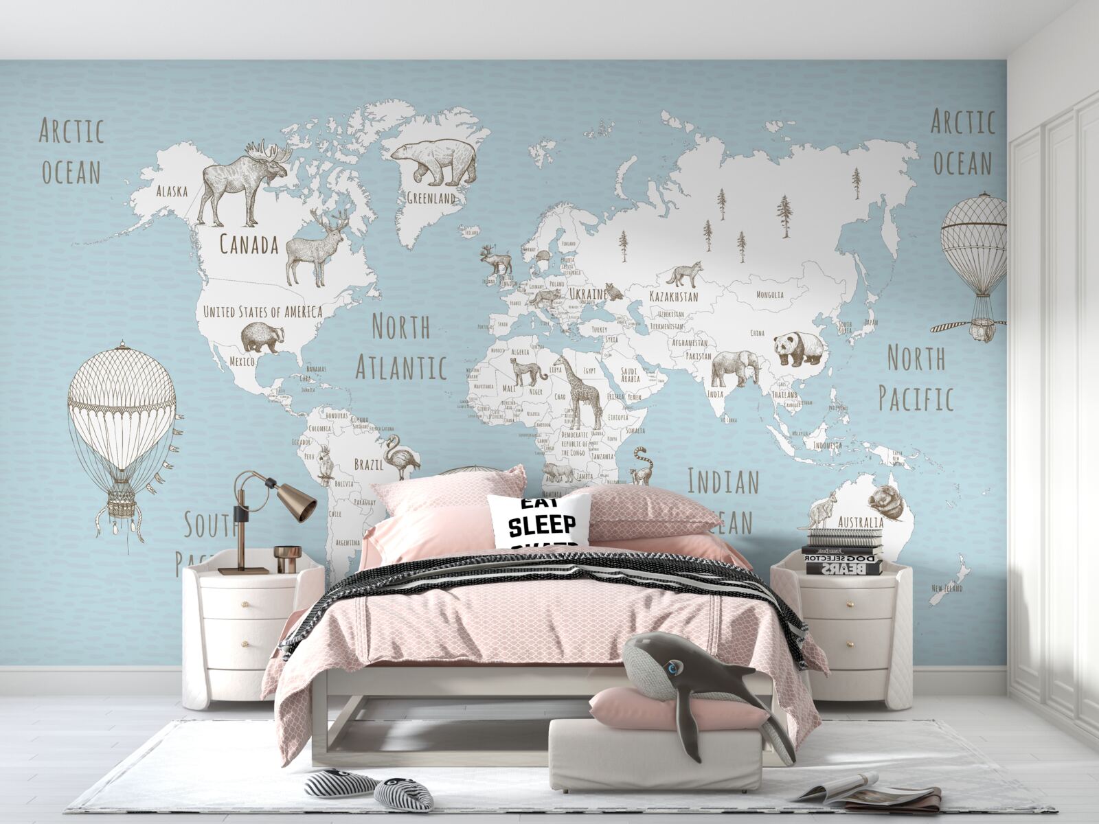 Papier peint globe terrestre représentant des animaux et des objets volants