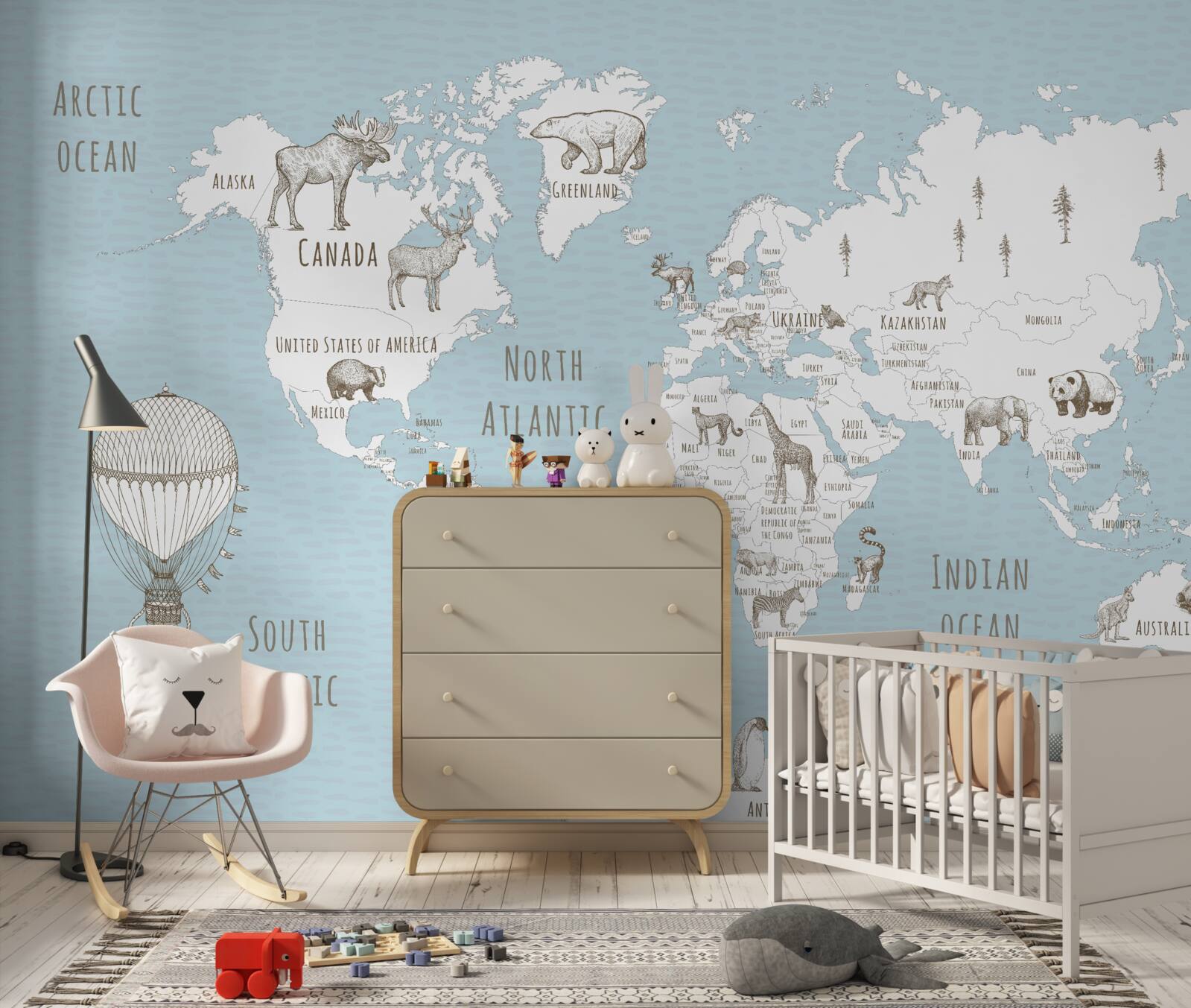 Papier peint globe terrestre représentant des animaux et des objets volants