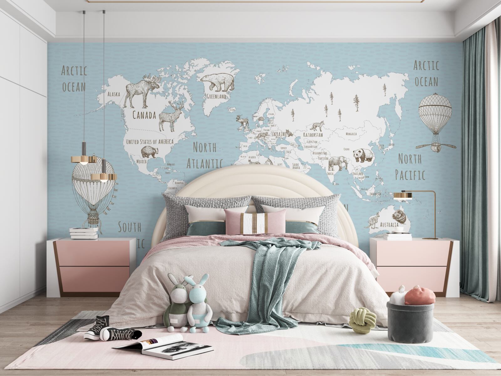 Papier peint globe terrestre représentant des animaux et des objets volants