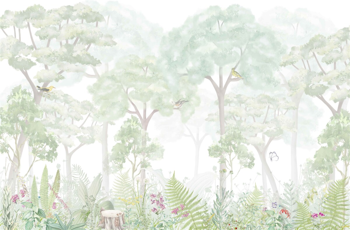 Papier peint forêt peinte en tons clairs à l'aquarelle