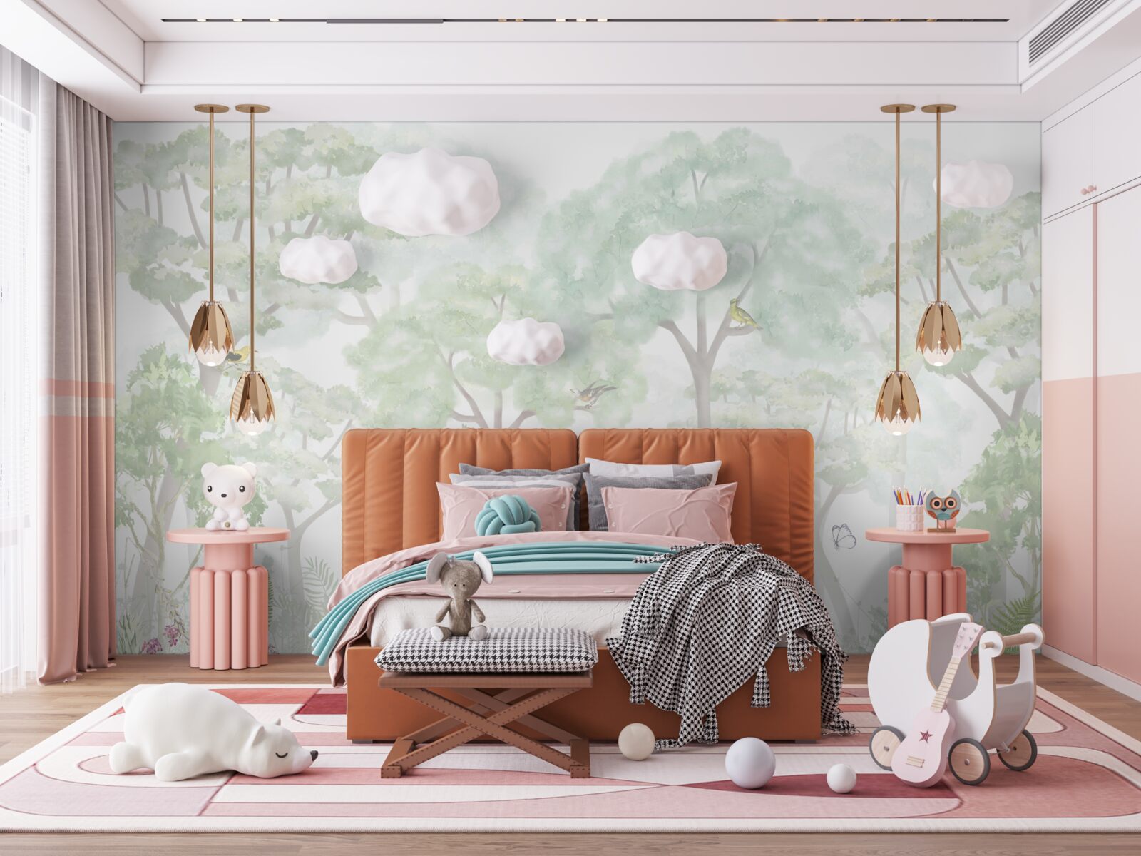 Papier peint forêt peinte en tons clairs à l'aquarelle