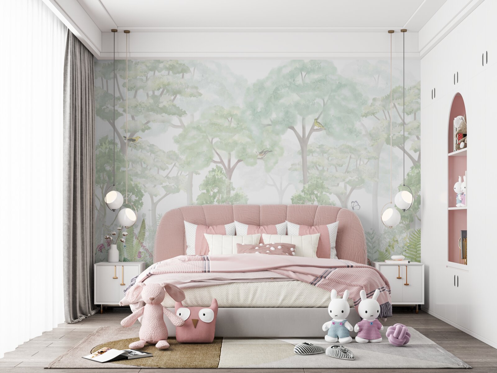 Papier peint forêt peinte en tons clairs à l'aquarelle