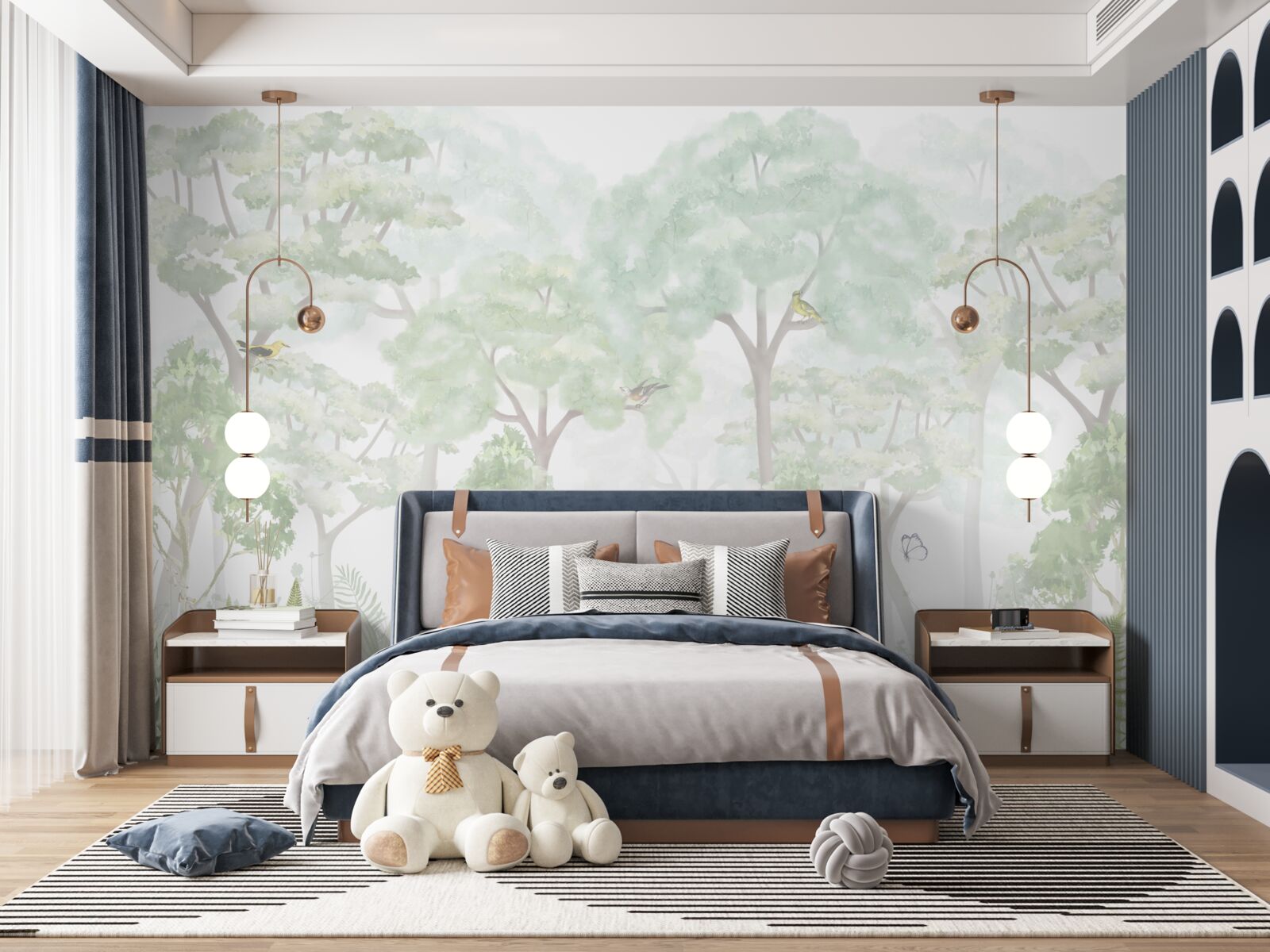 Papier peint forêt peinte en tons clairs à l'aquarelle