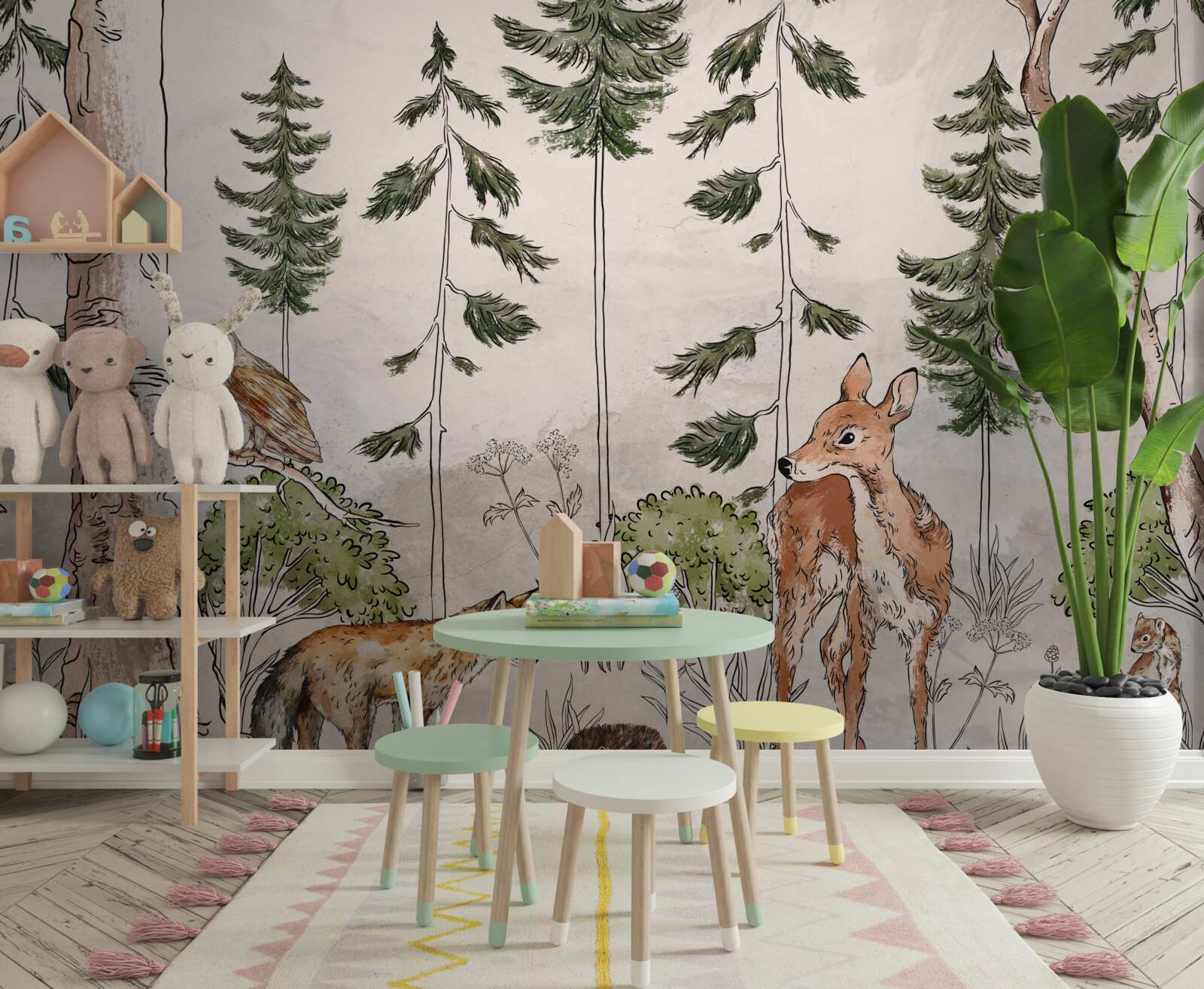 Papier peint animaux traversant la forêt