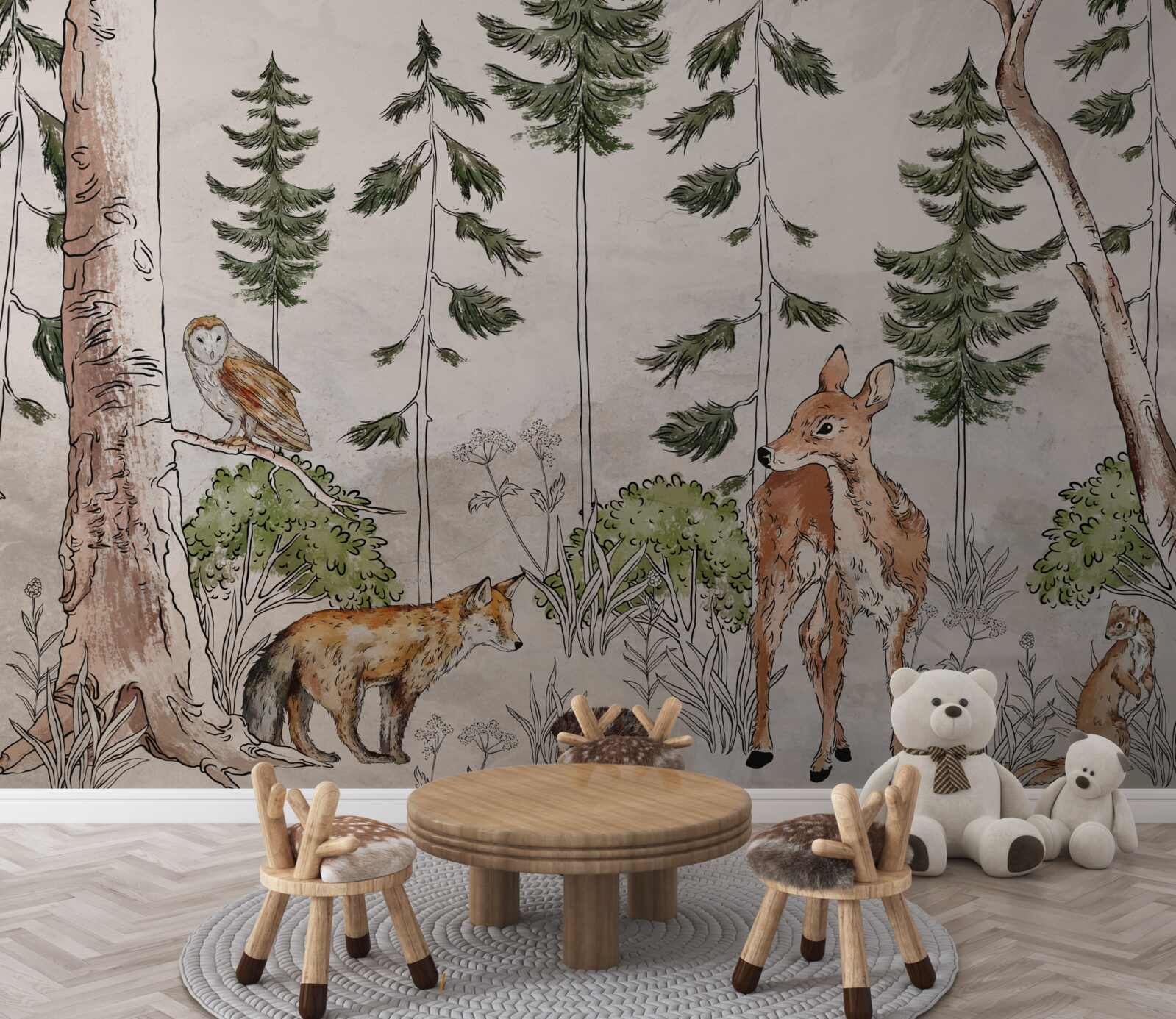 Papier peint animaux traversant la forêt