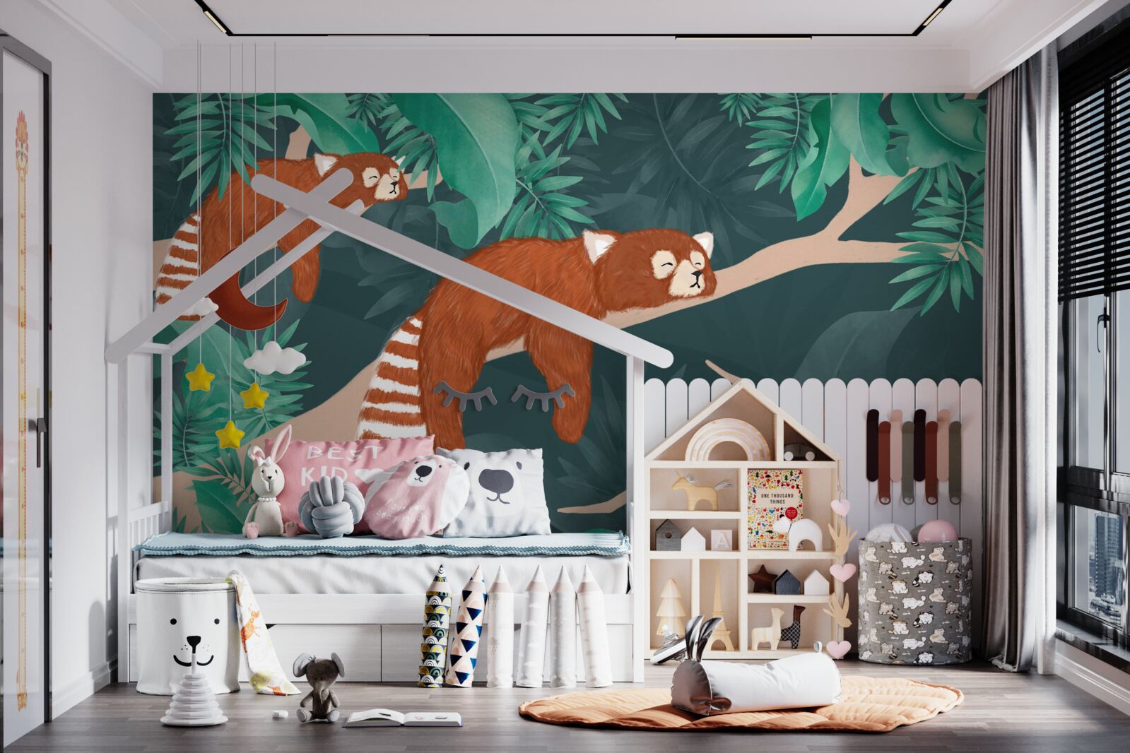 Papier peint pandas orange se reposant sur des branches