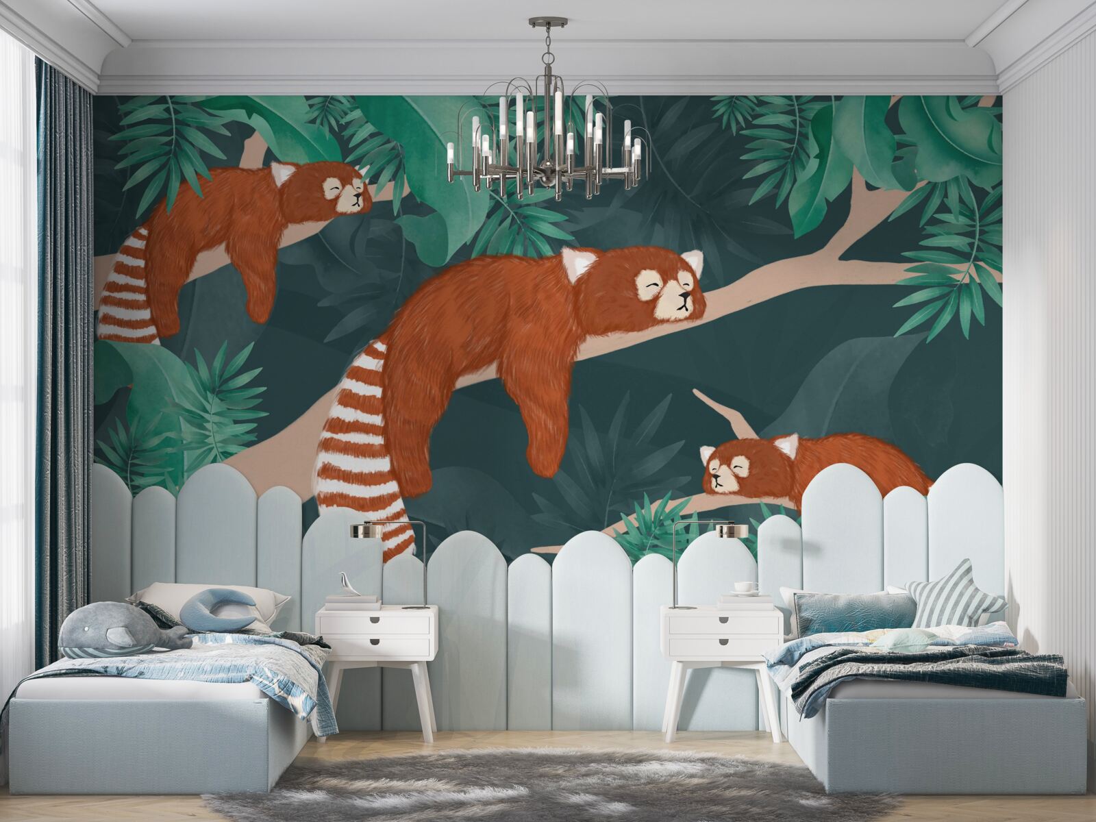 Papier peint pandas orange se reposant sur des branches