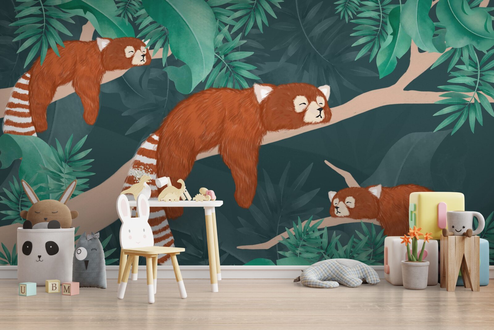 Papier peint pandas orange se reposant sur des branches