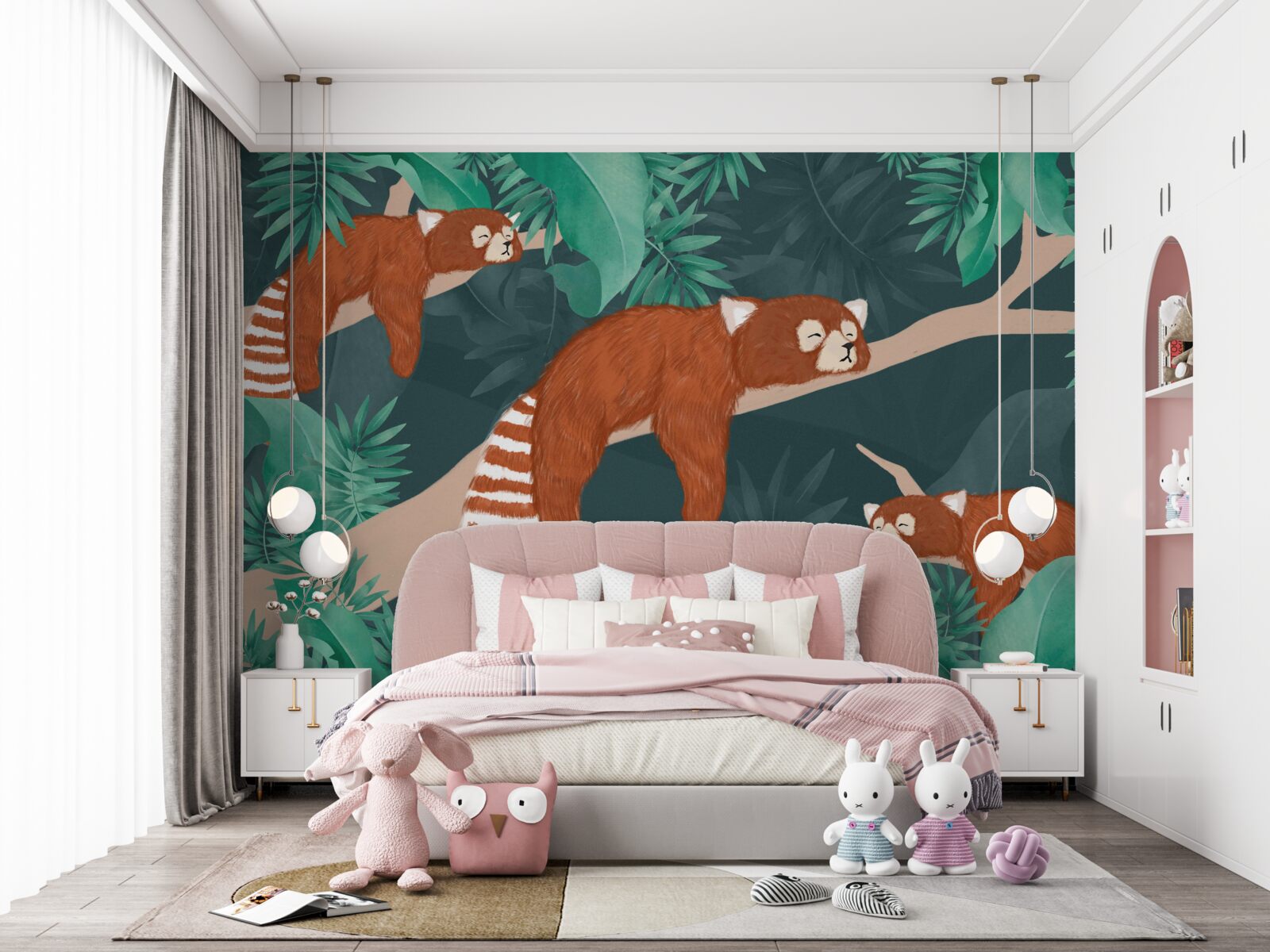 Papier peint pandas orange se reposant sur des branches