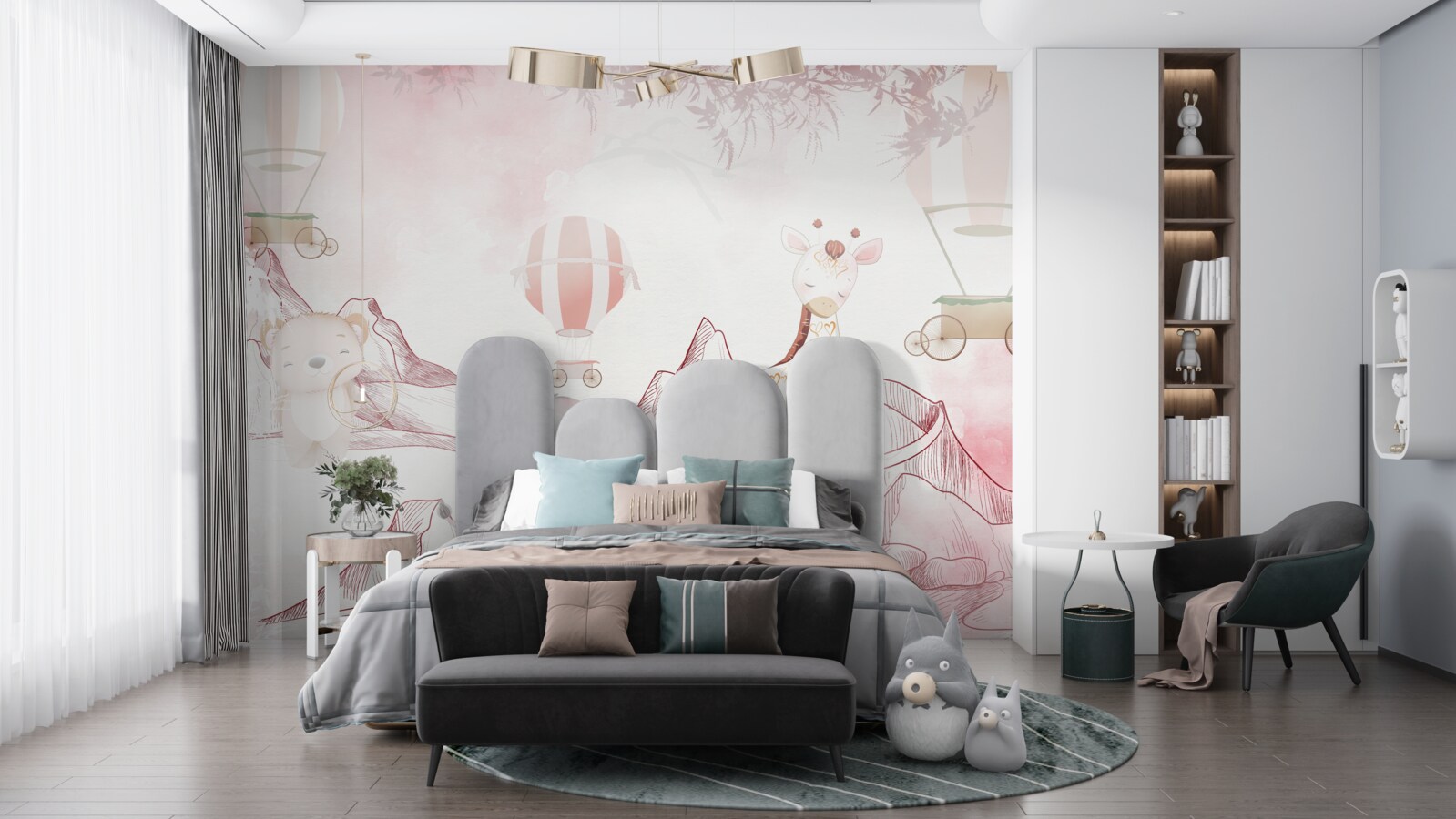 Papier peint animaux rose vif et balles volantes