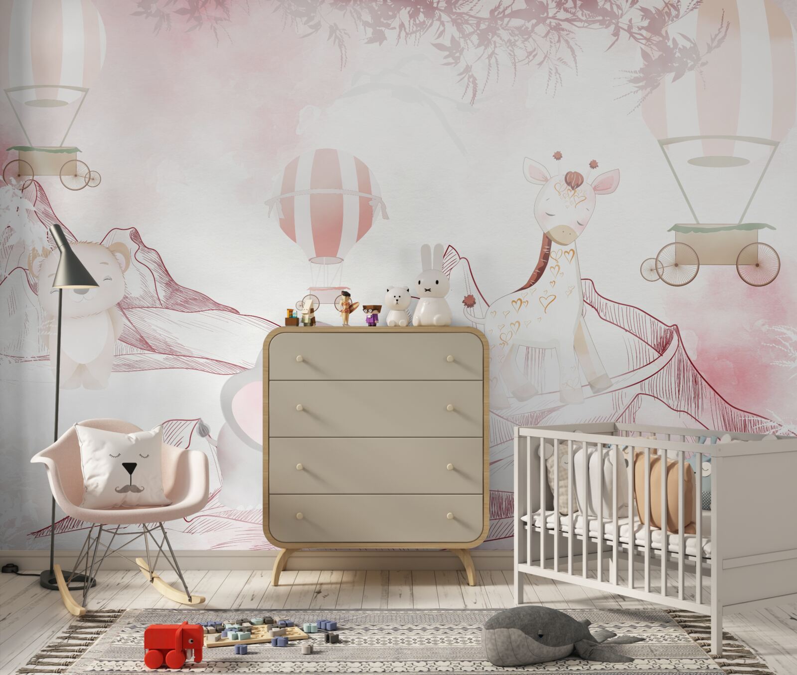 Papier peint animaux rose vif et balles volantes