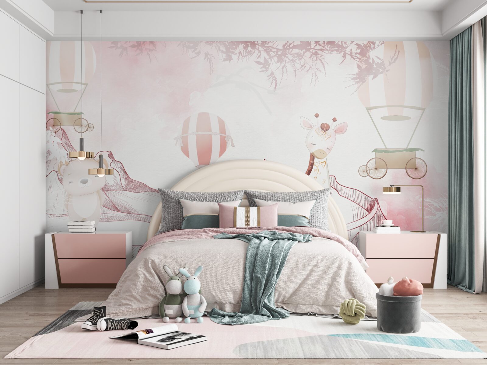 Papier peint animaux rose vif et balles volantes