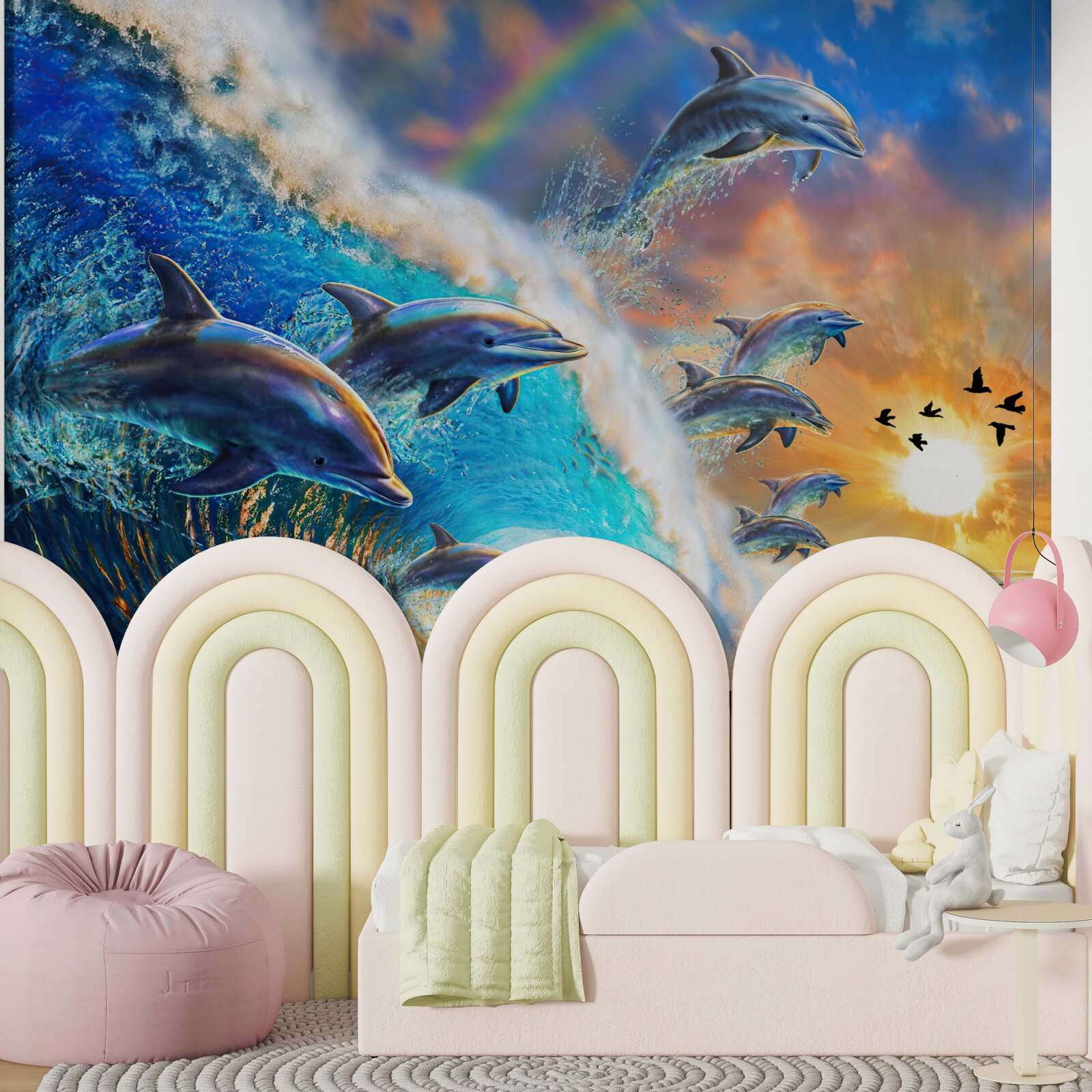 Papier peint au coucher du soleil, les dauphins sortent de l'eau