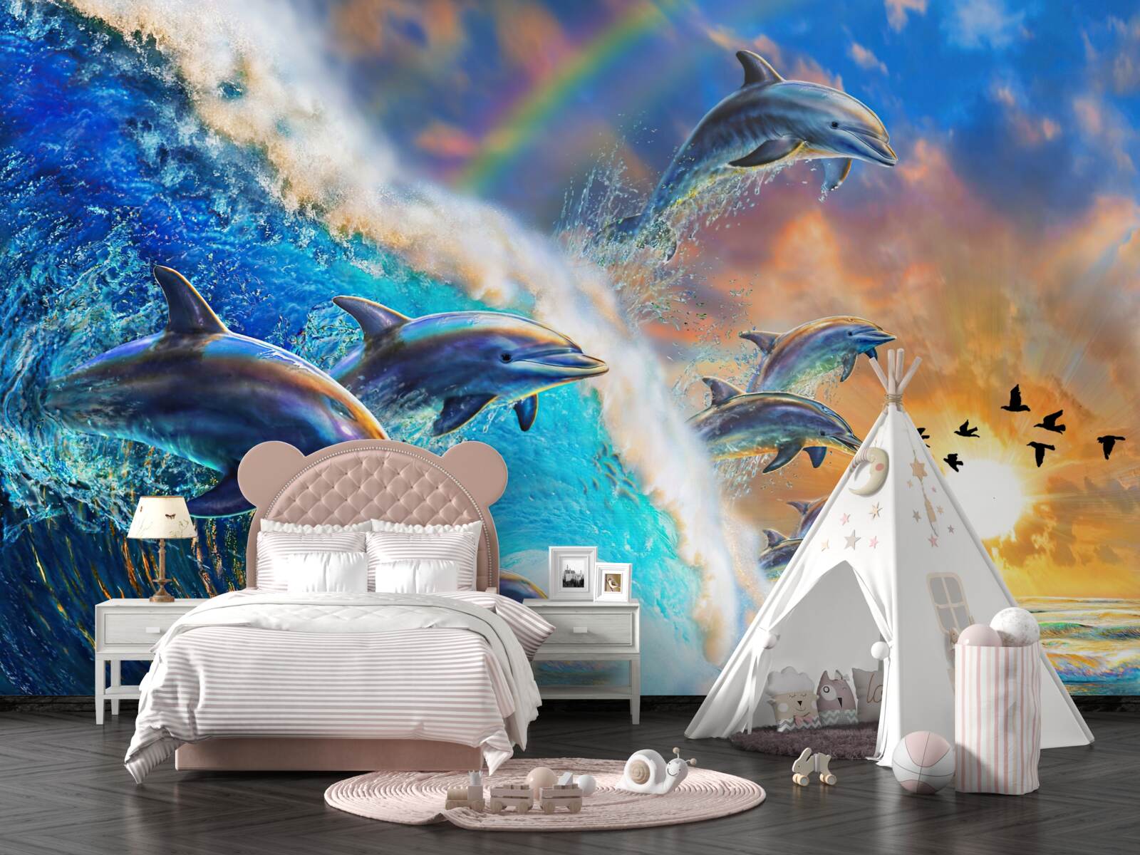 Papier peint au coucher du soleil, les dauphins sortent de l'eau