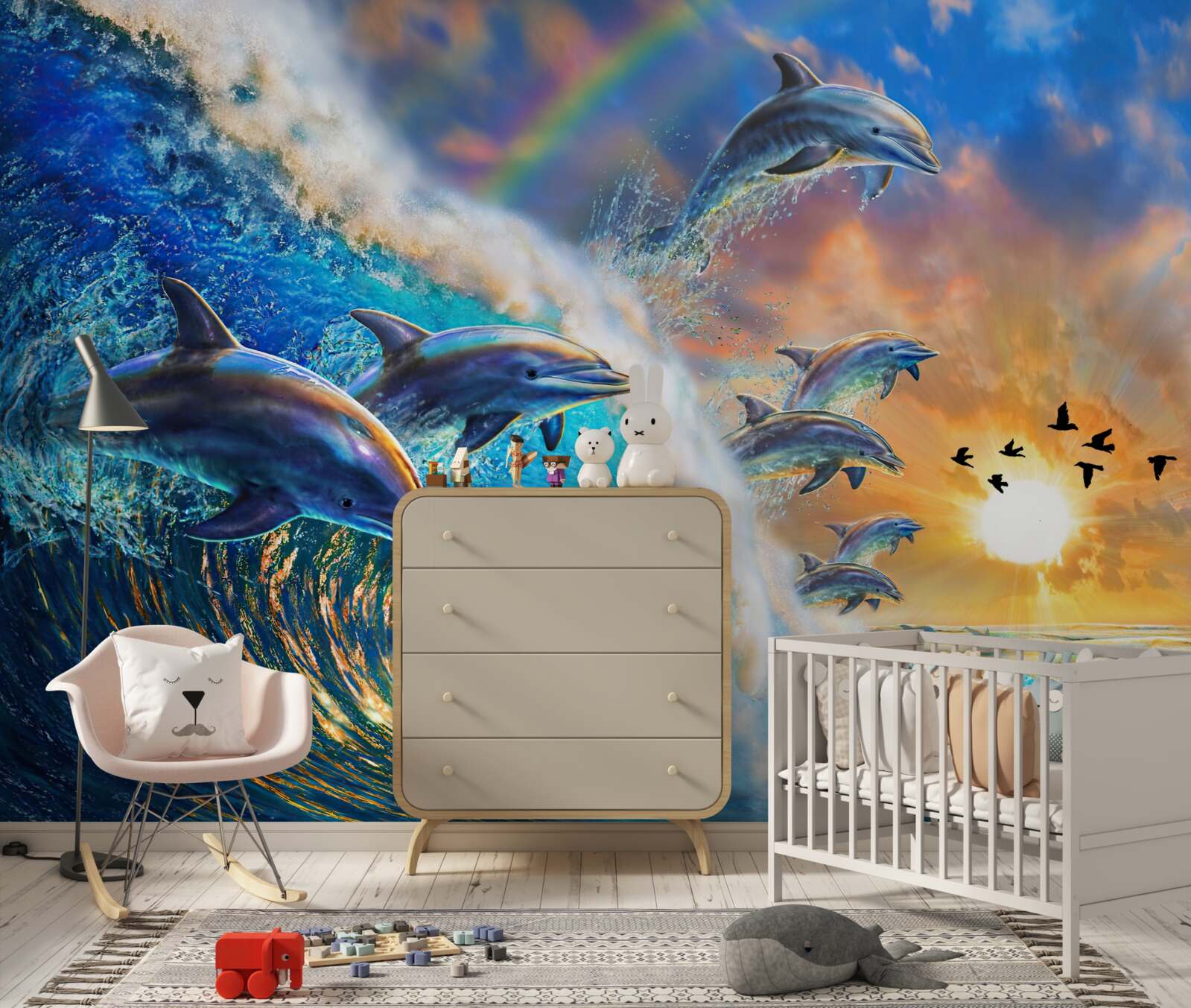 Papier peint au coucher du soleil, les dauphins sortent de l'eau