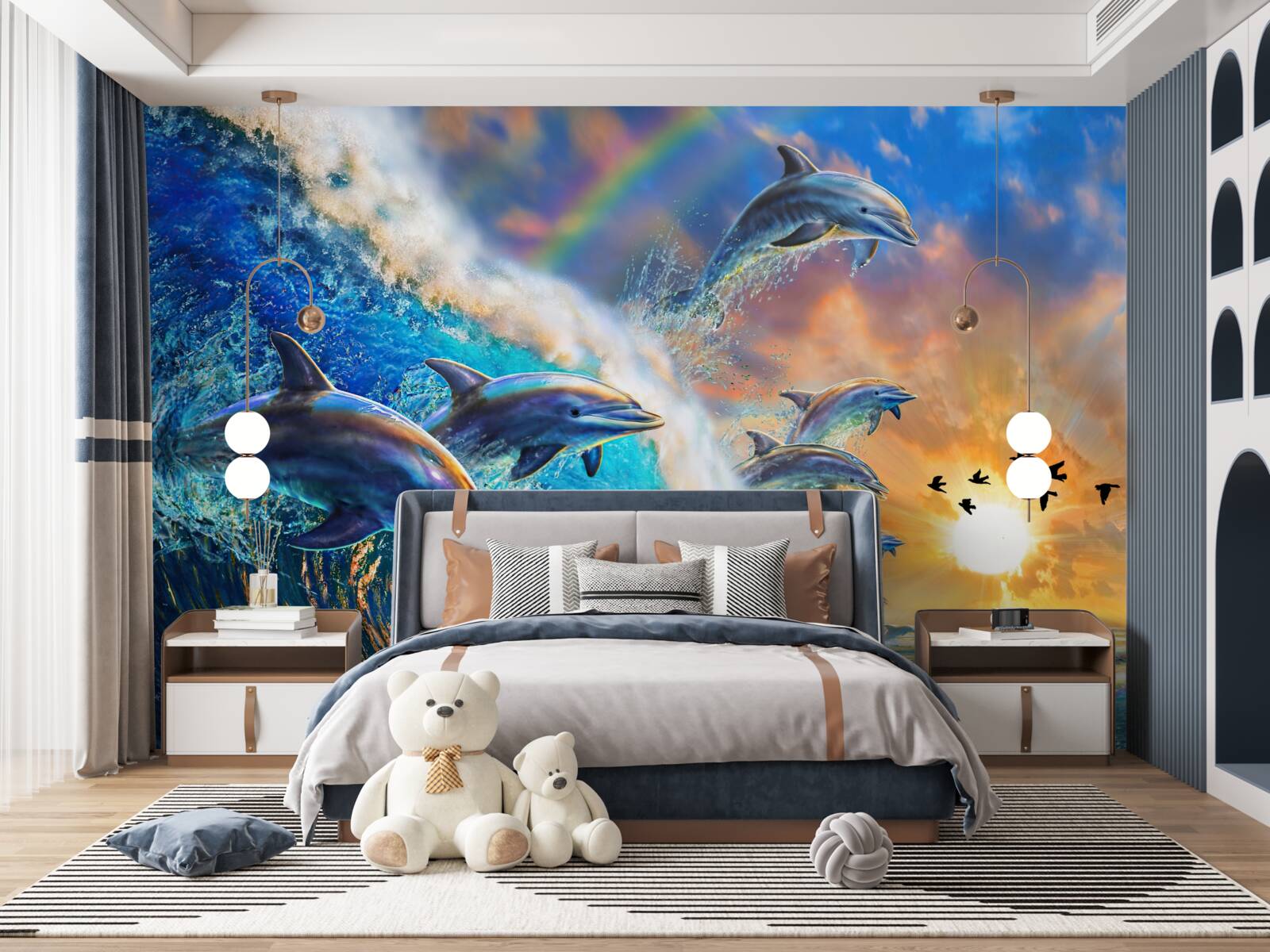 Papier peint au coucher du soleil, les dauphins sortent de l'eau