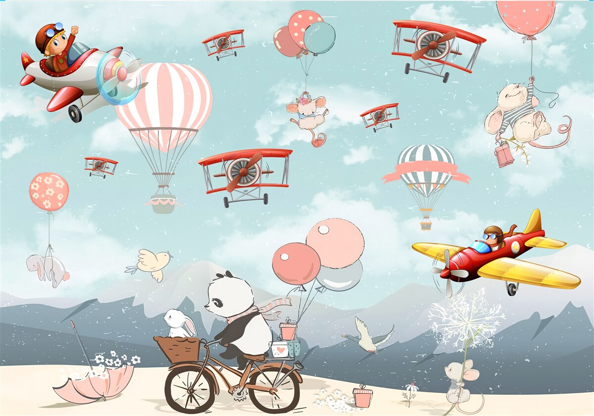 Papier peint Le panda bicyclette et d'autres animaux volent autour