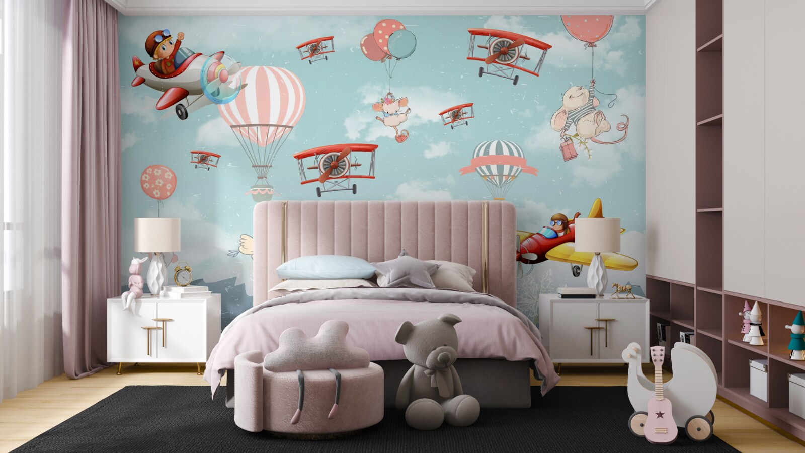 Papier peint Le panda bicyclette et d'autres animaux volent autour