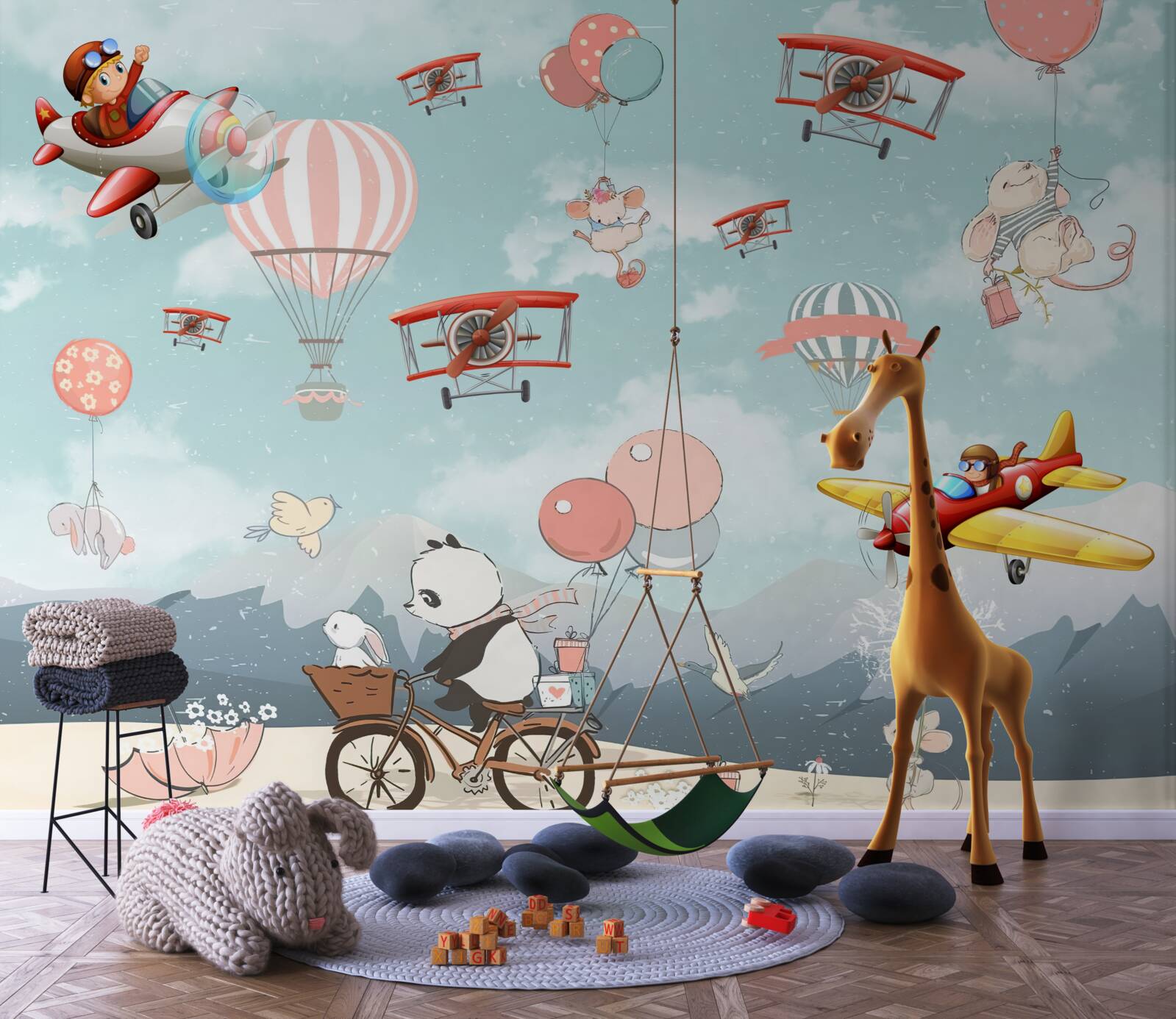 Papier peint Le panda bicyclette et d'autres animaux volent autour