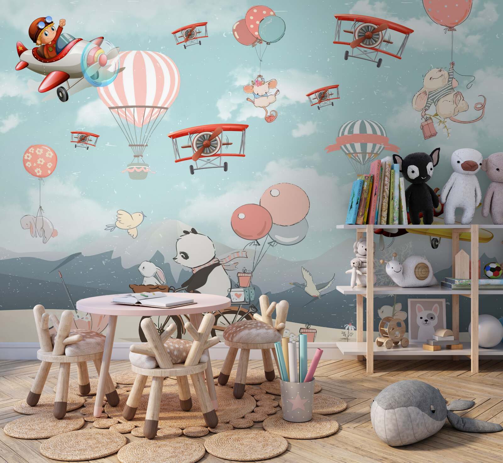 Papier peint Le panda bicyclette et d'autres animaux volent autour