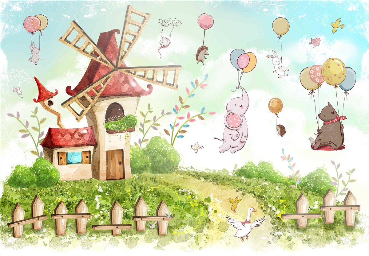 Papier peint les créatures flottent au-dessus du sol dans des ballons