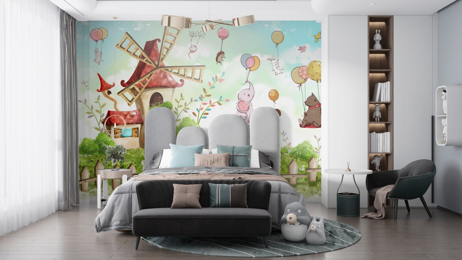 Papier peint les créatures flottent au-dessus du sol dans des ballons