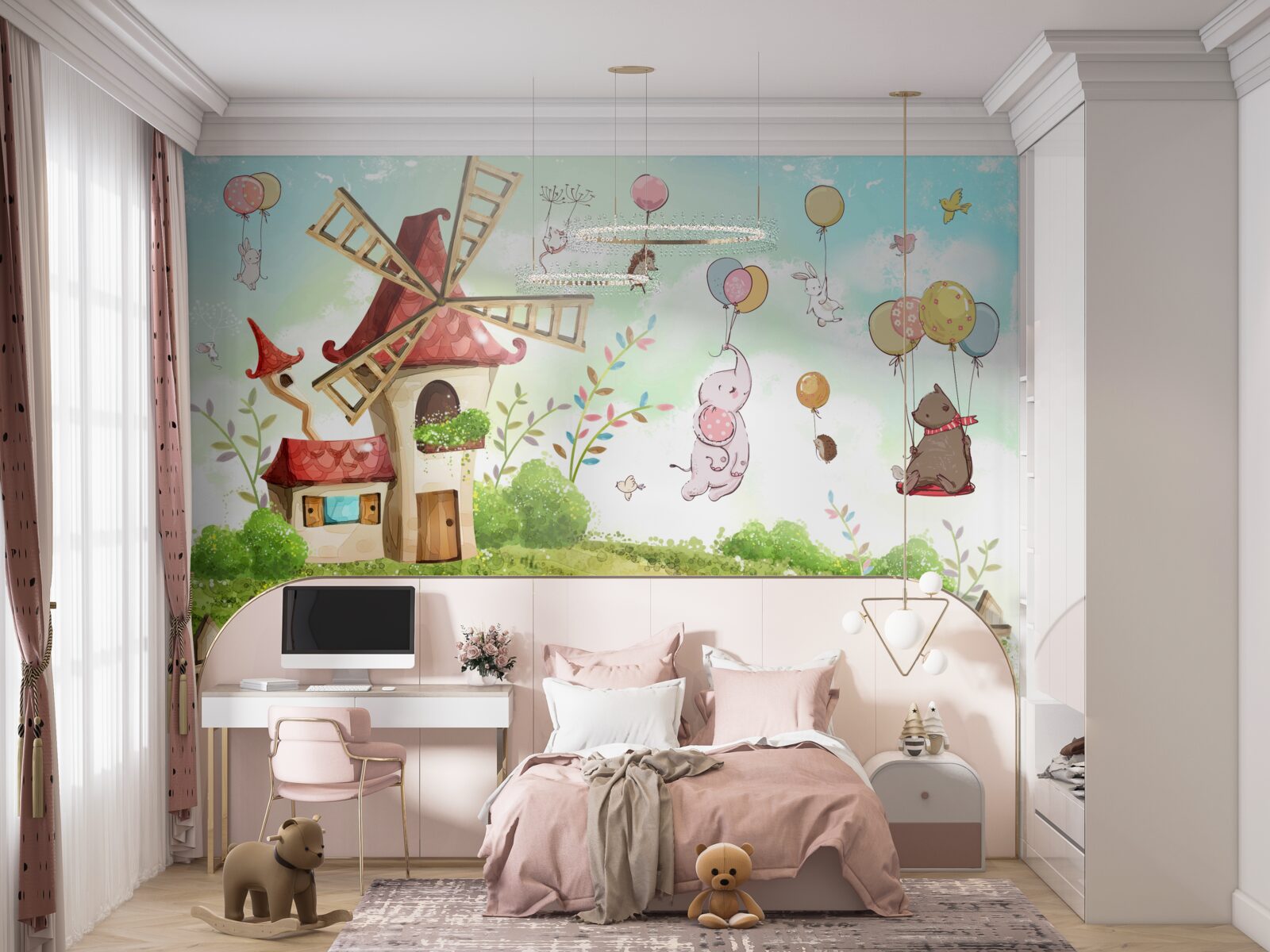 Papier peint les créatures flottent au-dessus du sol dans des ballons