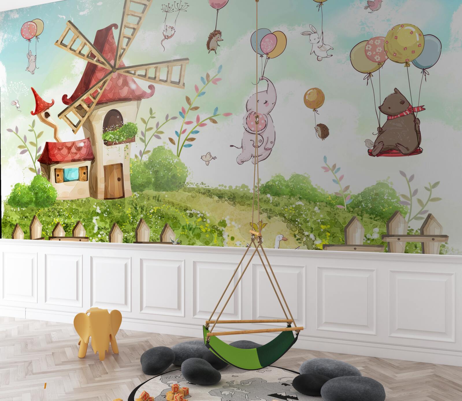 Papier peint les créatures flottent au-dessus du sol dans des ballons