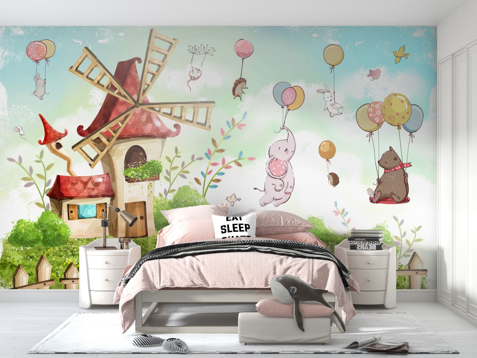 Papier peint les créatures flottent au-dessus du sol dans des ballons