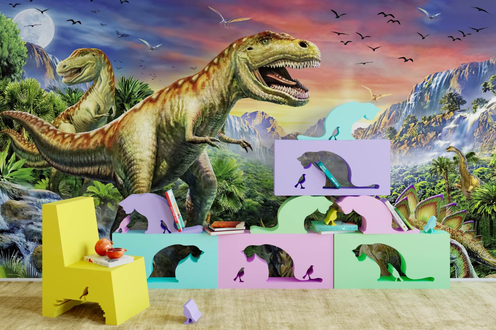 Papier peint des dinosaures au sommet des montagnes