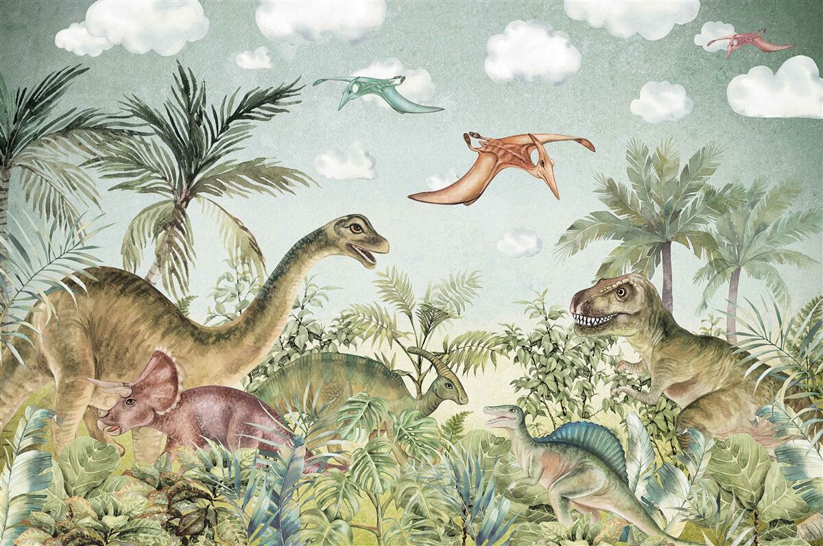 Papier peint le vert entoure les dinosaures
